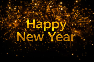 A new year card with golden letter Happy New Year and golden bokeh on black background.