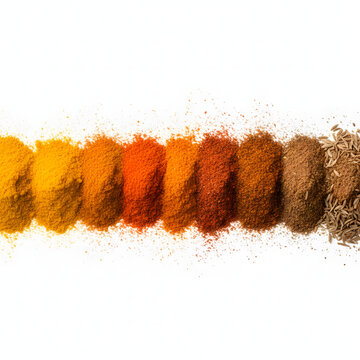 Gradient Line of Spices Yellow to Red to Brown Isolated on White