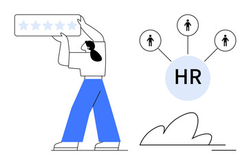 Worker holding star rating card, connected icons for HR management and team selection. Ideal for employee evaluation, HR processes, recruitment, talent, performance, teamwork. Simple flat metaphor