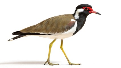 Red-wattled lapwing standing cut out isolated on white background With shadow. AI GENERATED.
