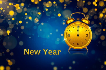 The golden alarm clock set 0 o'clock in New year card with golden bokeh on blue background.