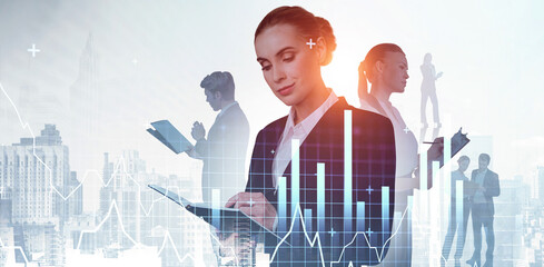 Business people with charts and devices in formal attire over city background, abstract graphics overlaying, concept of teamwork and financial analysis