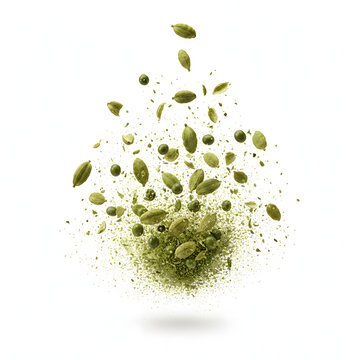 Green Cardamom Pods Exploding Dynamic Motion Isolated on White