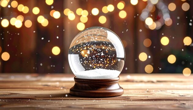 Enchanting holiday snow globe capturing a moment of winter magic with sparkling gold glitter and a warm, festive bokeh background