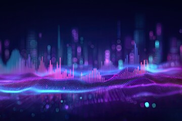 Digital cityscape with glowing soundwaves and blurred lights