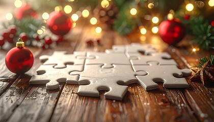 Holiday Puzzle Connection White pieces on a rustic wooden table amidst sparkling Christmas lights and red ornaments, symbolizing unity and festive spirit
