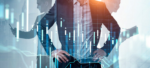 Business people overlaid with glowing candlestick chart graphics on a light city background, representing financial strategy and teamwork concept