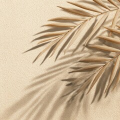 Dried palm leaf casts shadow on textured beige surface, close-up, soft light