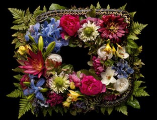 Ornate floral wreath with a patterned snake nestled amongst bright blooms