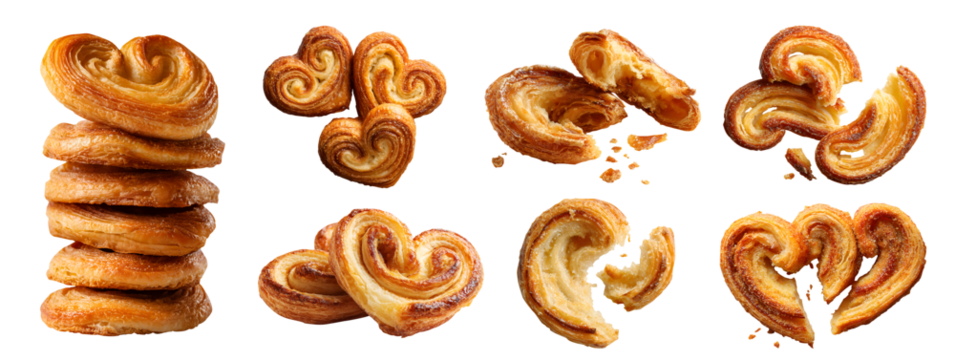 Set of flaky crunchy Palmier, French biscuit cookie pastry, pile stack group bitten broken on transparent background cutout, PNG file. Many different design. Mockup for artwork	
