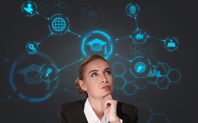 Thoughtful woman in formal attire with digital education and communication icons above her on dark background, symbolizing innovation and learning concept