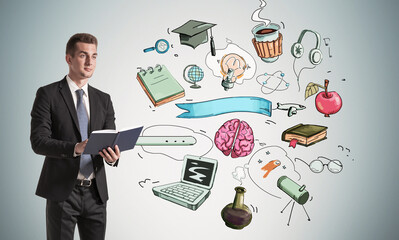 A man in a suit reading a book with hand-drawn school and science icons floating beside him on a light gradient background, representing education and knowledge concept