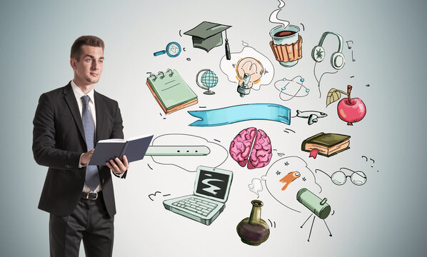 A man in a suit reading a book with hand-drawn school and science icons floating beside him on a light gradient background, representing education and knowledge concept - Powered by Adobe