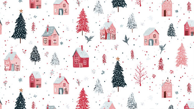 A cute, repeatable, white-based textile print or digital paper with a folk art feel, showcasing adorable winter village elements and pine trees, ideal for wrapping paper, fabric, holiday backgrounds.