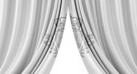 Elegant white curtains with royal crest, grand reveal concept. isolated on transparent background