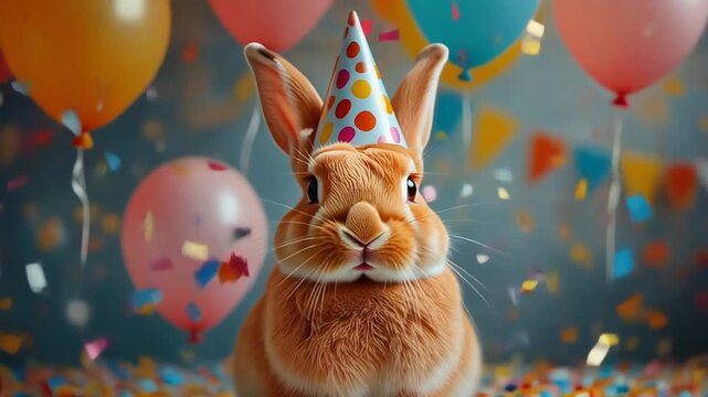 Cute rabbit wearing a party hat with balloons, video for birthday party or celebration