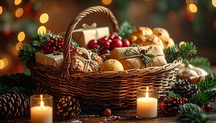 Festive basket filled with Christmas treats and decorations, lit by candles