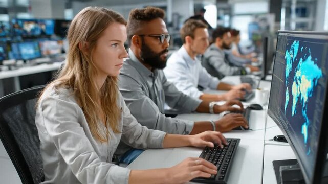 Tech Team Collaboration: A focused team of experts in a modern workspace, engrossed in analyzing complex data on state-of-the-art computers, embodying the essence of teamwork and technical skill. - Powered by Adobe