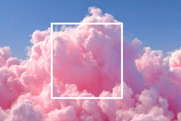 Pink clouds fill the frame with a white square outline against a blue sky