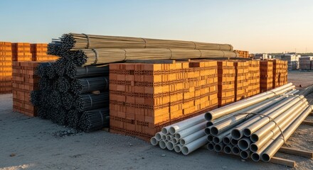 Building Materials Awaiting Use: Bricks, Rebar, and Pipes in Golden Hour Light.