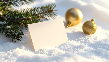Blank white Christmas greeting card mockup with golden baubles and a fir tree branch resting on a sunlit snow background