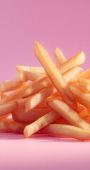 Golden fries pile, evenly lit, on a solid pink backdrop, side view