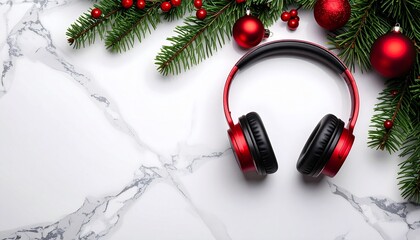 Festive headphones with holiday greenery and ornaments, perfect for seasonal celebrations and winter music enjoyment