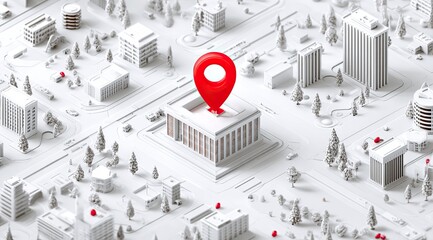 Isometric white city with a red map pin on a building