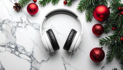 Festive holiday music concept with white headphones, fir branches, and red baubles on a clean white marble background