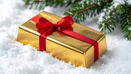 Golden gift box wrapped with a red ribbon, resting on fresh white snow, with a festive fir branch, symbolizing luxury and joy for winter holidays and special celebrations