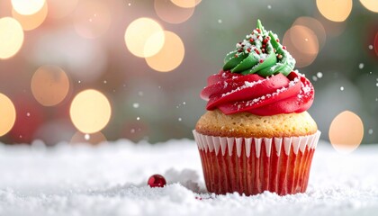Sweet festive cupcake with red and green frosting and sprinkles, nestled on snow with magical bokeh lights, capturing the essence of holiday cheer and delightful winter treat