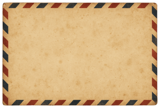 Vintage airmail envelope corner with red and blue diagonal stripe border on aged paper retro isolated on a transparent background