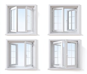 Four white framed windows partially open, showing sky