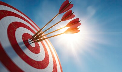 Three arrows hit a red and white target, center bullseye under bright sunlight