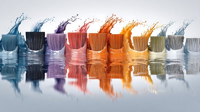 Colorful paintbrushes with vibrant paint splashing out of them, creating a dynamic and artistic display of creativity and imagination, reflected in a water surface