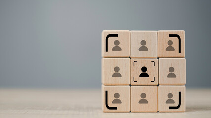 Target audience and market segmentation concept with wooden blocks and user icons, highlighting customer focus and business data analysis for strategic marketing and audience targeting success.