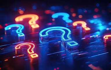 Floating question marks in neon colors on a complex, dark, colorful field