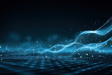 Abstract digital waves, particle effects, and flowing lines in a dark blue aesthetic