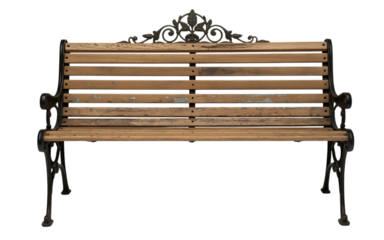 Ornate antique wooden park bench with decorative cast iron legs and backrest isolated on transparent background