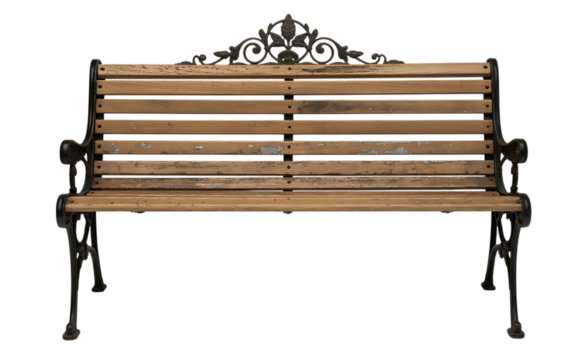 Ornate antique wooden park bench with decorative cast iron legs and backrest isolated on transparent background