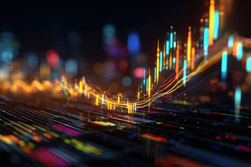 Abstract illustration of financial data with multicolored line graphs and bokeh effect
