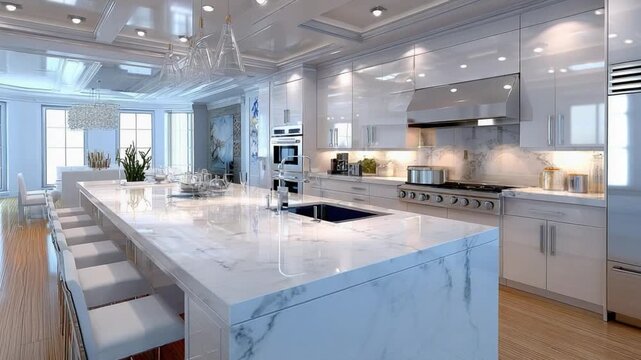 Elegance in Culinary Space: An exquisitely designed kitchen, blending functionality with aesthetic appeal, showcasing a sleek marble island and modern appliances.