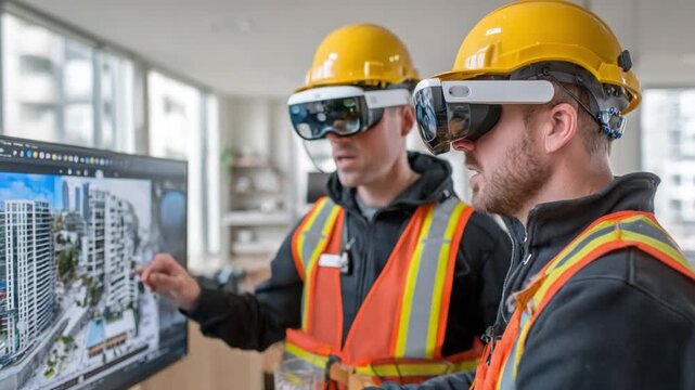 Innovative Construction: Two professionals, clad in helmets and innovative augmented reality gear, collaborate on a building blueprint.