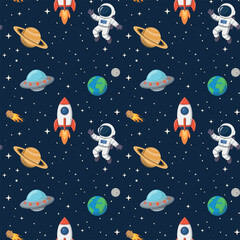 Cartoon Space Rockets, Planets, and Stars Seamless pattern