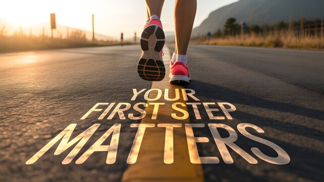 Inspirational fitness journey starts with one step and motivational quote on road, symbolizing commitment and progress for personal development goals