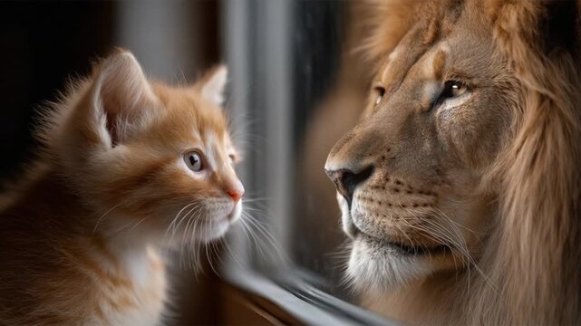 Curiosity and Majesty: A kitten, its gaze locked with the formidable visage of a lion, showcasing the contrast between the small and the grand. The image evokes a sense of both curiosity and power.