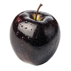 Single black apple with water drops on skin on transparent background isolated