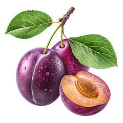 Fresh plums with stem and leaves and half slice on transparent background