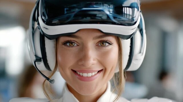 Embracing the Virtual Realm: A woman confidently wears a sleek VR headset and headphones, her face radiating joy and excitement as she immerses herself in a cutting-edge virtual experience.