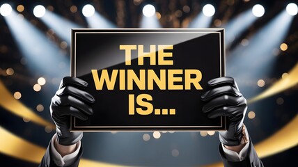 Announcing the winner with dramatic flair and suspense under bright spotlights, perfect for awards shows, talent competitions, or corporate recognition events
